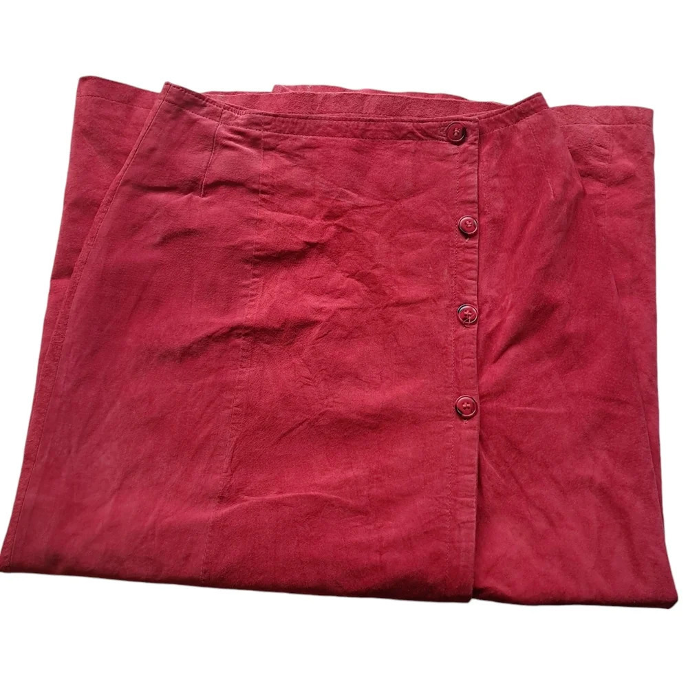 VTG 100% Genuine Natural Suede Leather Long Maxi Skirt Button Wrap Red Vintage - Picture 6 of 9
